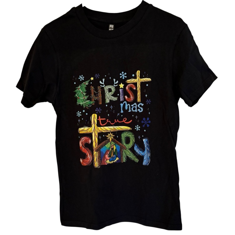 Christmas True Story Manger Scene Black Short Sleeve‎ T Shirt NWT Small